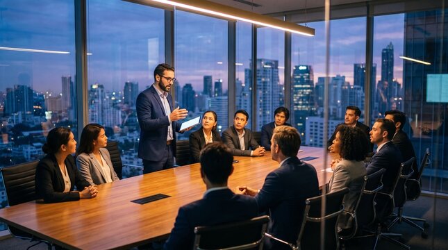 Indian manager leads business meeting in modern office with diverse team. People sit at table, listen to speaker presenting with tablet. Cityscape outside window.