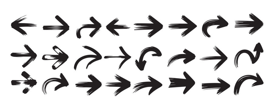 Black charcoal brush stroke arrow collection for artistic creative projects and design elements set.