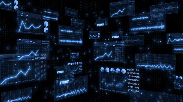 Royal blue color with futuristic head up display (HUD UI) technology interface screen and chat panel advanced data analysis algorithms dashboard display technology 3D background 