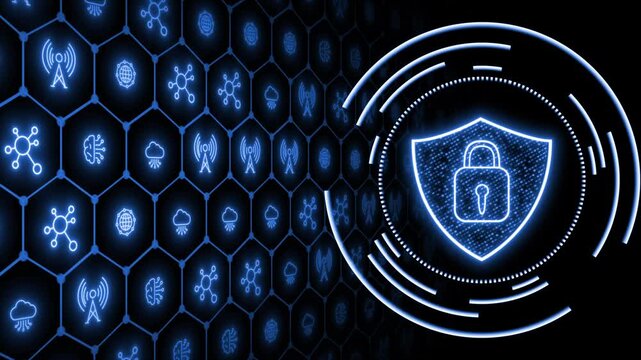 Royal blue color glowing nodes with digital shield and lock digital document and cloud storage futuristic design black technology 3D background