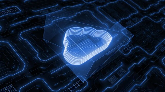 Royal blue color 3d glowing cloud storage data animated logo motherboard data transfer digital document hi tech futuristic design black technology 3D background 