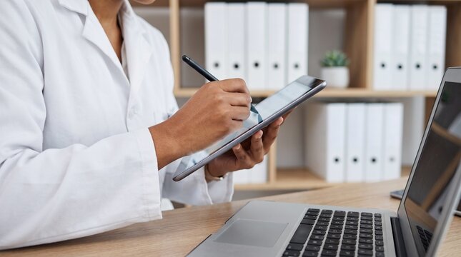 A person in a white lab coat is using a stylus on a tablet while sitting at a desk with an open laptop. Shelves with binders and a small plant are visible in the background, suggesting a professional 