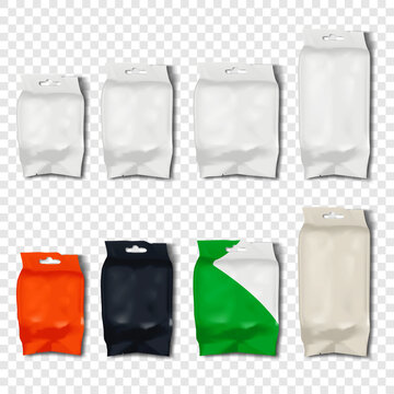 Flexible plastic, paper or foil pillow bag with tear notch to open and euro slot. Realistic vector mockup set. White, black, color design. Blank hanging pouch package. Easy editable mock-up. Template