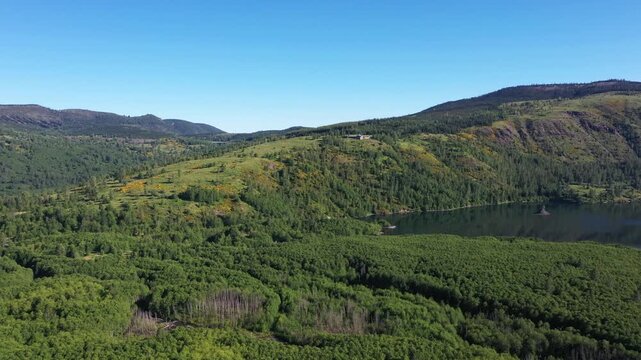 4K aerial drone footage of Coldwater Lake near Mount Saint Helens in Washington, USA. Scenic Pacific Northwest summer landscape with volcanic mountains, evergreen forest and pristine freshwater