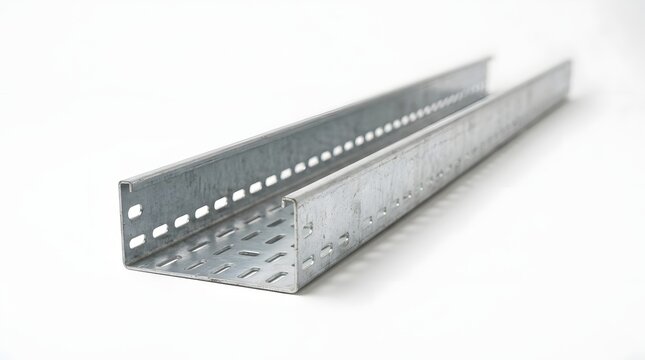 Perforated metal cable tray channel for commercial electrical wiring grid.