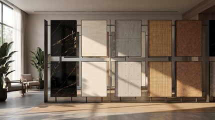 Professional showroom interior display racks featuring samples of marble stone wood slat concrete tiles and ceramic materials for architecture design project.