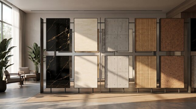 Professional showroom interior display racks featuring samples of marble stone wood slat concrete tiles and ceramic materials for architecture design project.