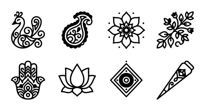 Indian Henna Tattoo Icons, Paisley Peacock Lotus Hamsa Designs, Vector Elements