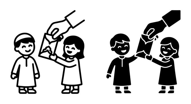 Eid Gift Giving, Children Receiving Eidi Envelopes, Islamic Celebration Vector Icons