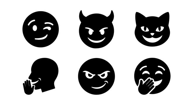 Six Black Silhouette Emoji Icons: Winking, Devil, Cat, Whispering, Mischievous, Laughing