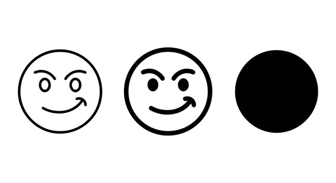 Winking Face Emoticon Icons, Playful Smirk Emoji Vector Set, Black and White Simple Graphics