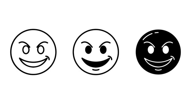 Wicked Grin Emoticon Icons, Evil Smile Face Vector Set, Black and White Mood Symbols