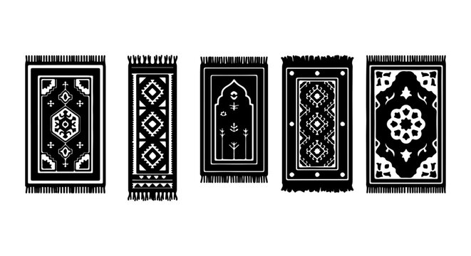Islamic Prayer Rugs Collection, 5 Vector Icons, Geometric Patterns, Traditional Design, Black and White