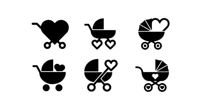 Baby Stroller Icons Set, Cute Love Heart Pram Vector Graphics, Newborn Carriage Collection
