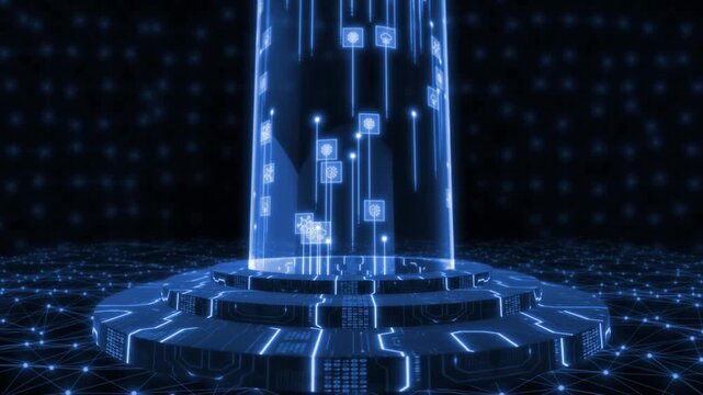  Royal blue color Motion graphic of AI and brain icons floating in digital interface with tech grid mother board data transfer futuristic plexus design black technology 3D background
