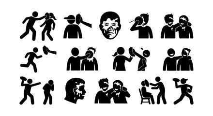 Fototapeta premium Violence Icons, Aggression Symbols, Conflict Stick Figures, Social Issues Vector Set