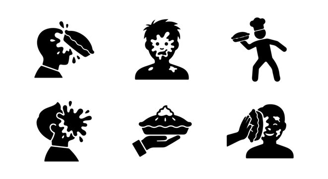 Pie Throwing Icons, Silhouettes of People Hit by Pie, Chef with Pie, Food Fight Vector Set