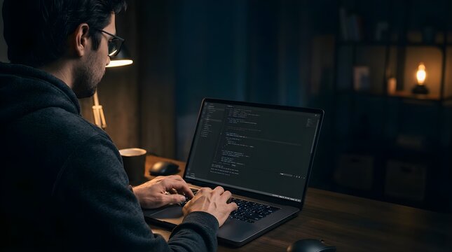 Focused programmer working on coding project on a laptop at night in dark room