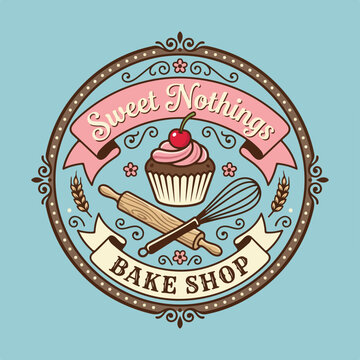 Vintage style logo for a sweet bake shop with cupcake and baking tools.