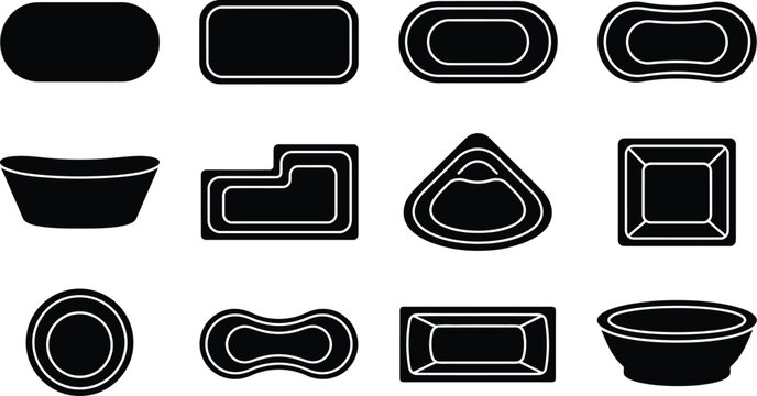 Minimalist bathtub icon set with top and side view variations for bathroom interior design and architectural plans.