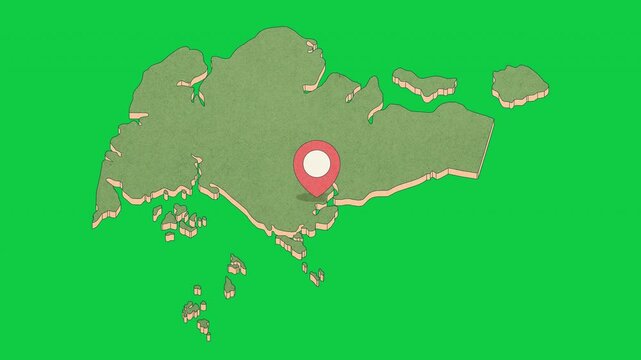 Animated Singapore Map with Bouncing Location Marker on Marina Bay, Transparent Background, Alpha Channel, 4K resolution