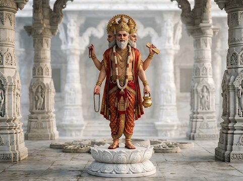 Statue of lord brahma, the hindu creator god, standing on a lotus pedestal inside an intricately carved white marble temple with pillars