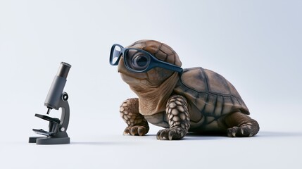 Fototapeta premium Cute Baby Turtle Wearing Stylish Glasses Exploring Science with Microscope on Minimal Background