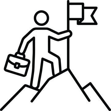 A clean black outline vector icon featuring a business professional standing on a mountain peak holding a briefcase beside a victory flag. This illustration represents success, leadership, career achi