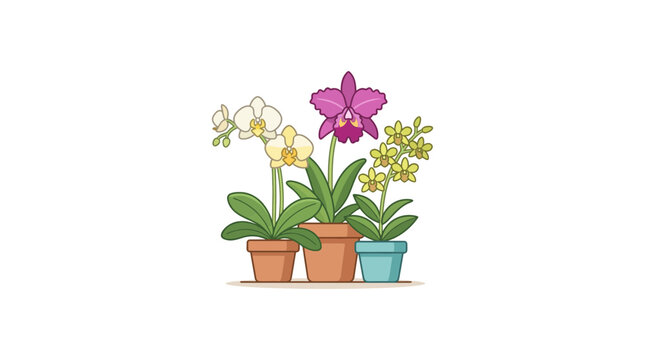 Vibrant orchid plants in pots, blooming flowers, botanical illustration, isolated on white