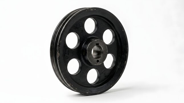 A black metal double grooved pulley wheel with six holes, white background.