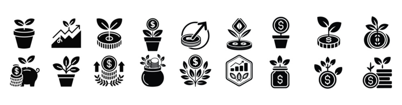 Collection of various black financial growth icons representing savings and investment concepts