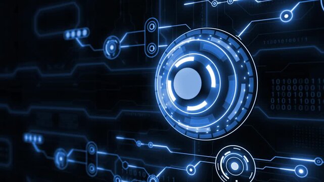 Royal blue color glowing mother board processing data binary code HUD UI futuristic design loopable technology 3D background