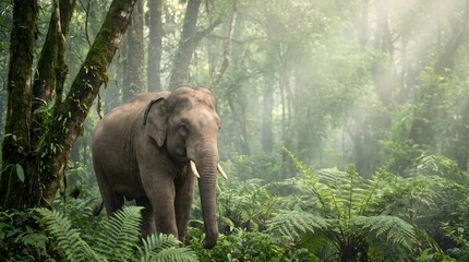 Fototapeta premium A large elephant stands among lush ferns and trees in a sunlit forest.
