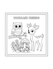 Fototapeta premium Cute Cartoon Owl and Deer Coloring Page – Printable Black and White Outline Educational Worksheet for Kids