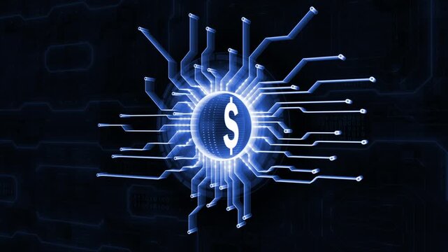 Royal blue color 3d glowing dollar representing global market motherboard binary code hi tech futuristic design loopable black technology background