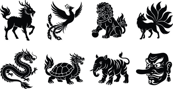 Asian Mythical Creatures Silhouette Icons Set with Dragon Phoenix Tiger Guardian Lion and Fox