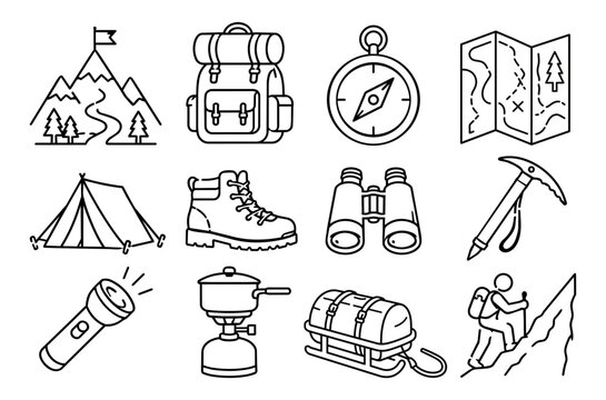 Mountain Hiking and Outdoor Adventure Line Art Icon Set. Camping, Trekking, Navigation and Survival Equipment Vector Collection