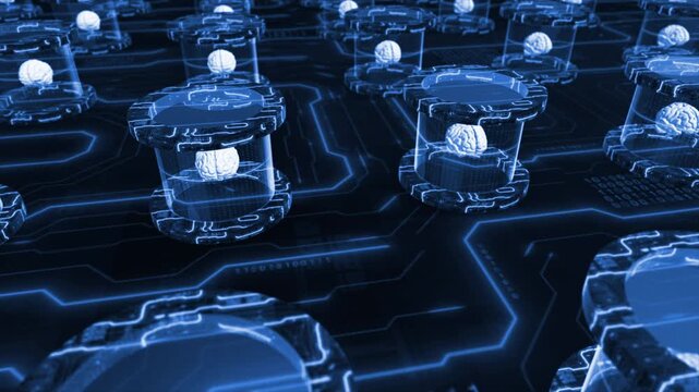 Royal blue color 3d brain interlinked of ai simulation of human intelligence futuritstic circuit board processing global humans data hi tech design black technology 3D background