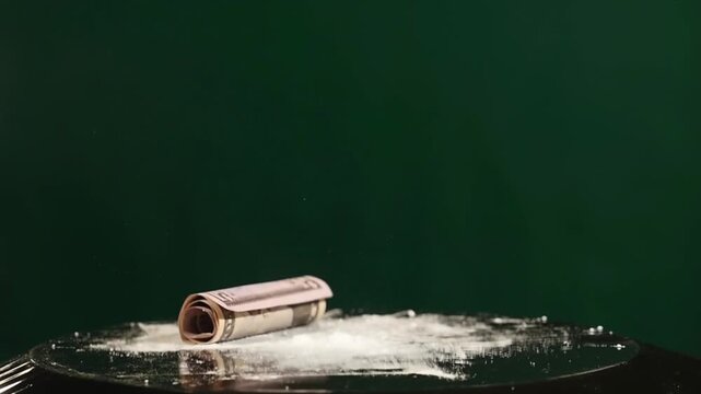 Cocaine on Mirror with Rolled Dollar Bill Slow Motion Drug Abuse Concept