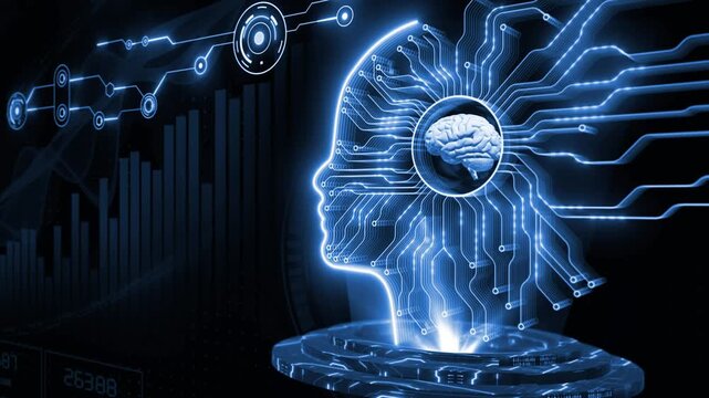 Royal blue color 3d brain of ai simulation of human intelligence futuritstic circuit board processing global humans data , learning from human behaviour loopable 3D background