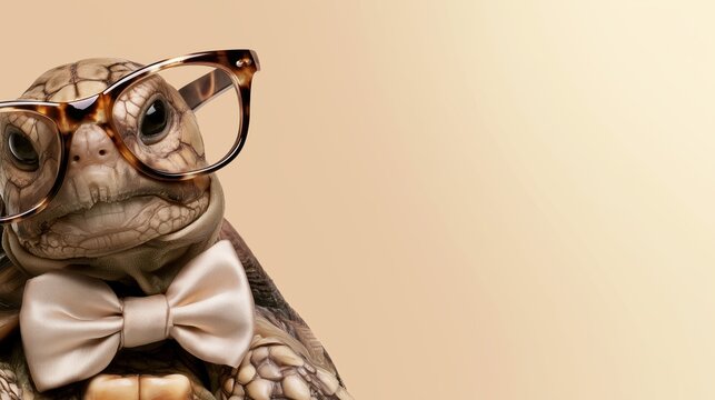 Cute Baby Tortoise Wearing Stylish Eyeglasses and Satin Bow Tie on Minimal Beige Background with Copy Space