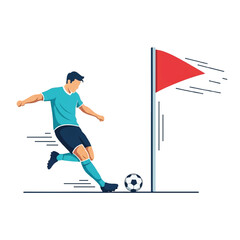 Fototapeta premium Dynamic vector illustration of a soccer player kicking the corner flag in celebration, flag bending with motion lines, energetic posture, minimalist flat vector artwork, clipart style, absolute