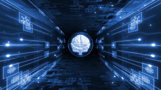 Royal blue color glowing nodes AI 3d brain processing multiple data and performing multi tasking  artificial intelligence black technology background