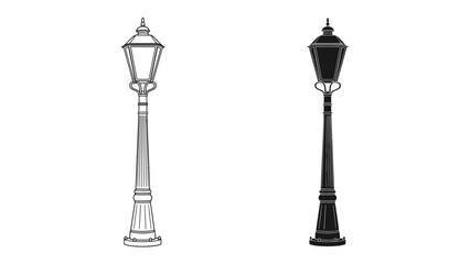 Obraz premium Vintage Street Lamp Designs: Two elegant vintage street lamps, one in a detailed line drawing and the other in a stark silhouette, represent classic urban lighting fixtures.