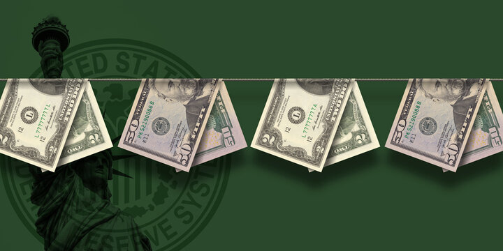 2 and 50 dollars banknotes hanging on rope. Economic banner. United States of America. Money laundering. Financial illustration. Criminal shadow economy. Fight against illegal business