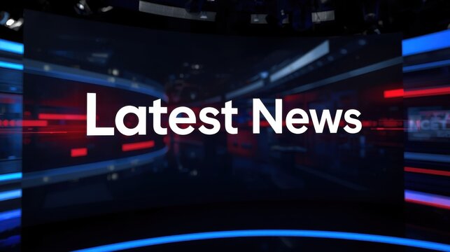 Latest news headline in a bold modern sans serif font on a dark background with blue and red neon lights