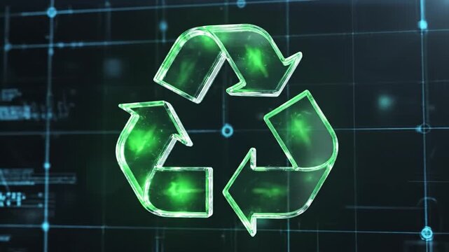 Rotating glass recycling icon with glowing green energy for sustainability and waste management