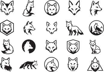 Fototapeta premium Black and White Fox Logo Collection, 20 Minimalist Fox Silhouettes and Emblems Set