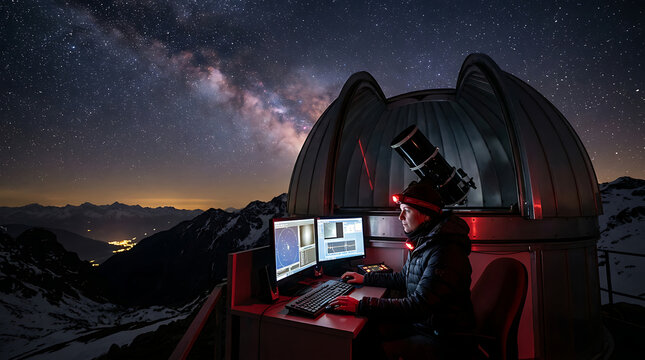 Astronomer working at a telescope observatory under starry night sky with Milky Way
