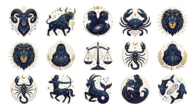Set of zodiac signs icons with gold and dark blue celestial mystic design, astrology symbols illustrations on white background